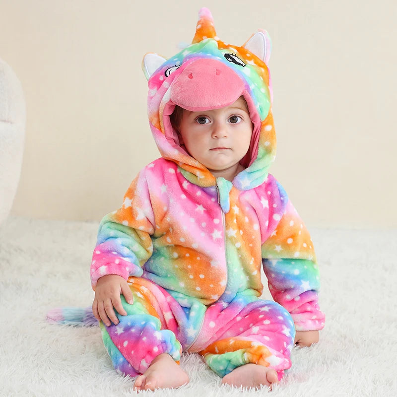 Jumpsuits: Cartoon Flannel Baby Rompers - Unicorn, Rabbit, Dinosaur