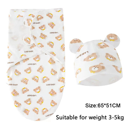 Newborn Swaddle Set: Cartoon Cotton Blanket & Hat 0-6M