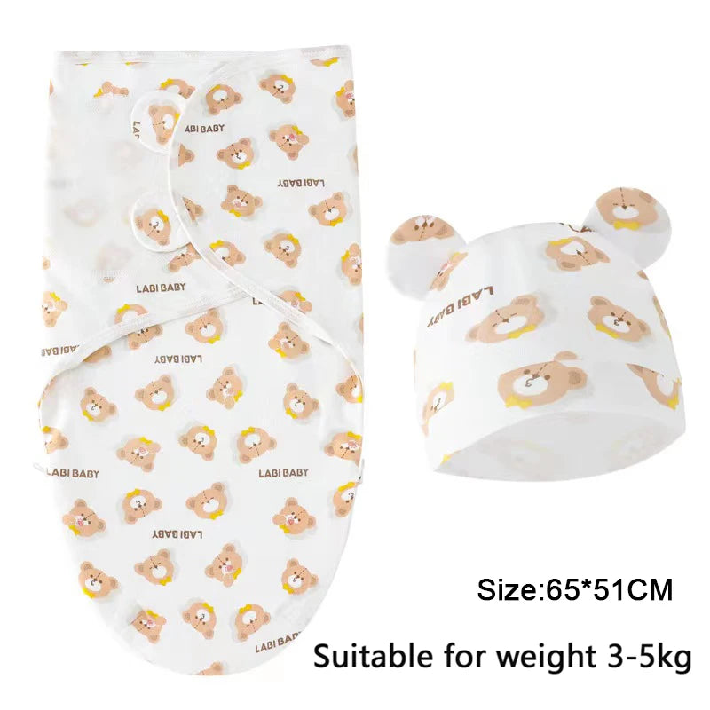 Newborn Swaddle Set: Cartoon Cotton Blanket & Hat 0-6M