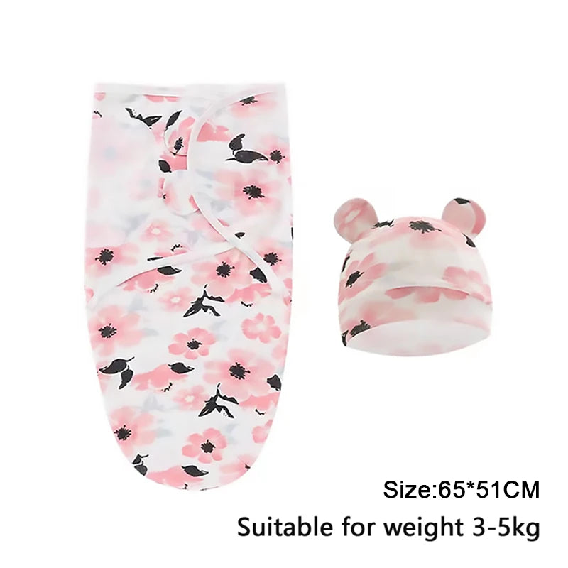 Newborn Swaddle Set: Cartoon Cotton Blanket & Hat 0-6M