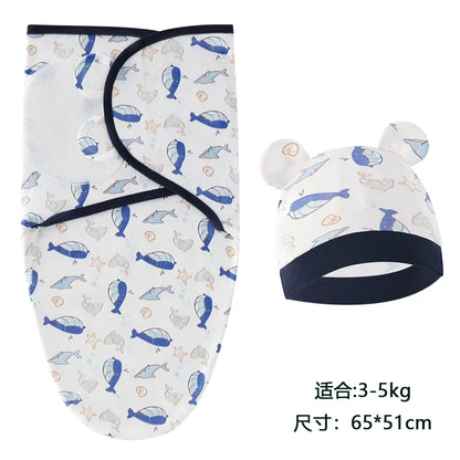Newborn Swaddle Set: Cartoon Cotton Blanket & Hat 0-6M