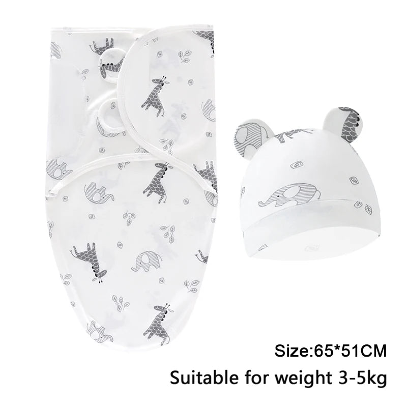 Newborn Swaddle Set: Cartoon Cotton Blanket & Hat 0-6M