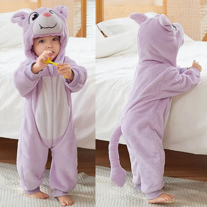 Jumpsuits: Cartoon Flannel Baby Rompers - Unicorn, Rabbit, Dinosaur