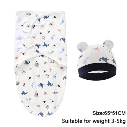Newborn Swaddle Set: Cartoon Cotton Blanket & Hat 0-6M