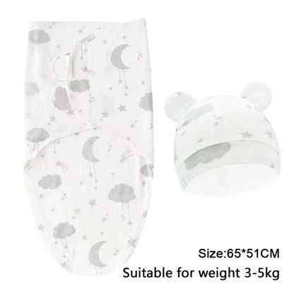 Newborn Swaddle Set: Cartoon Cotton Blanket & Hat 0-6M