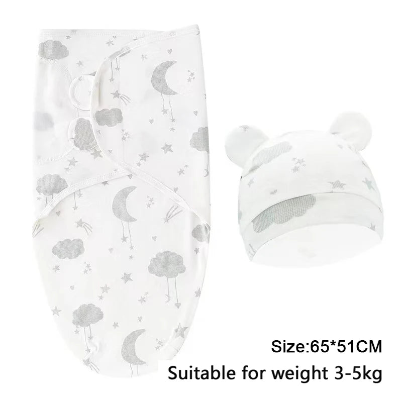 Newborn Swaddle Set: Cartoon Cotton Blanket & Hat 0-6M