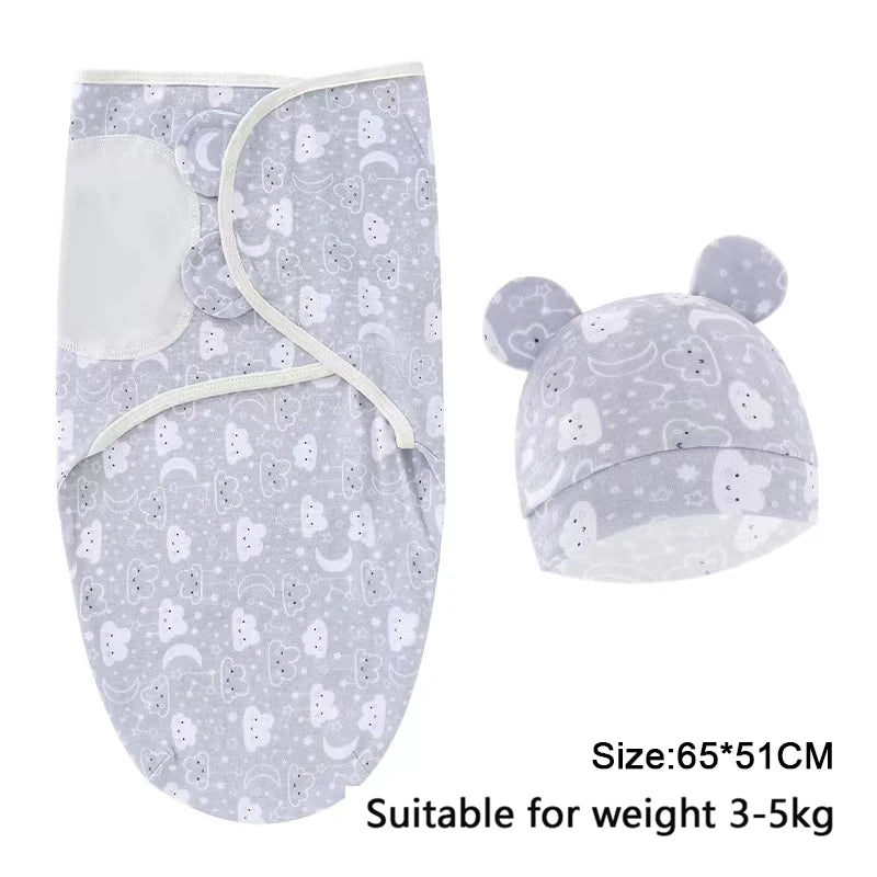 Newborn Swaddle Set: Cartoon Cotton Blanket & Hat 0-6M