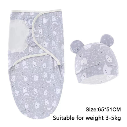Newborn Swaddle Set: Cartoon Cotton Blanket & Hat 0-6M