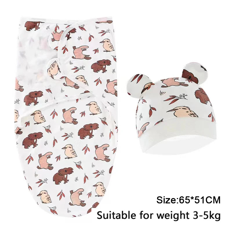 Newborn Swaddle Set: Cartoon Cotton Blanket & Hat 0-6M