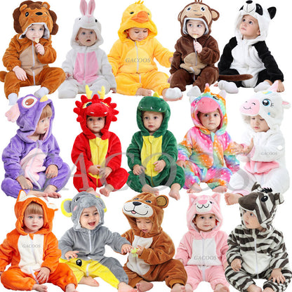 Jumpsuits: Cartoon Flannel Baby Rompers - Unicorn, Rabbit, Dinosaur