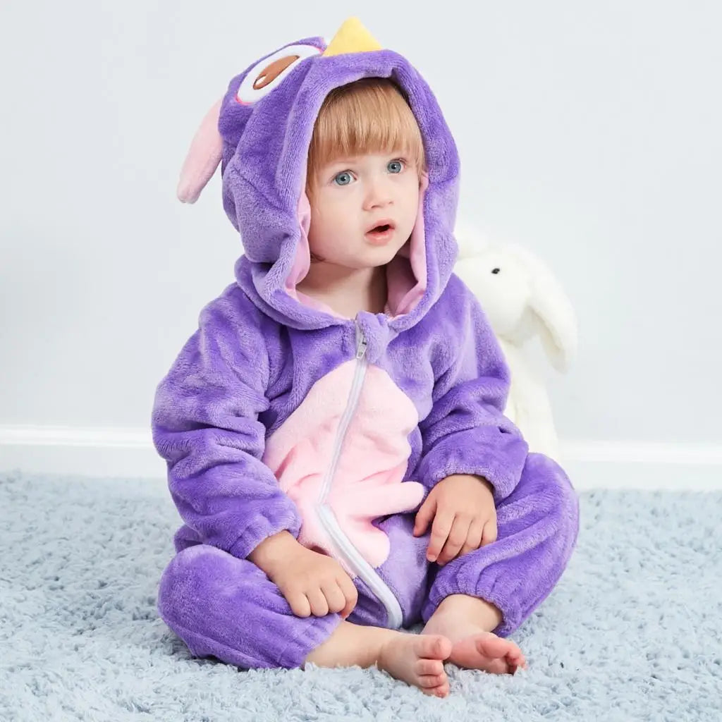 Jumpsuits: Cartoon Flannel Baby Rompers - Unicorn, Rabbit, Dinosaur