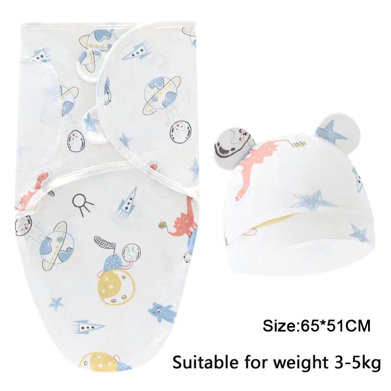 Newborn Swaddle Set: Cartoon Cotton Blanket & Hat 0-6M