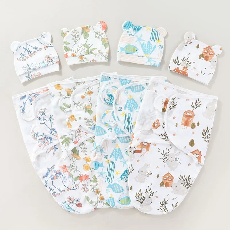 ZOETOPKID Baby Blanket and Hat Set pure Cotton Newborn Swaddle Adjustable Infant Wraps Applicable 4 Seasons 0-3 Months Blankets