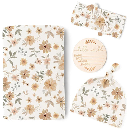 Newborn Swaddle Blanket & Headband Set - 4 Piece