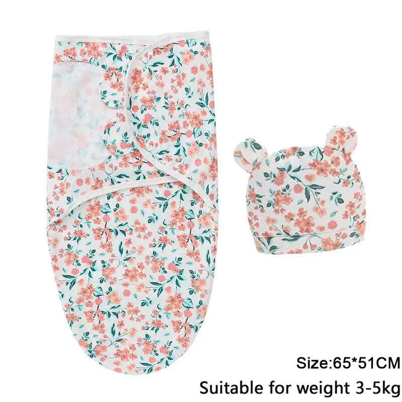 Newborn Swaddle Set: Cartoon Cotton Blanket & Hat 0-6M