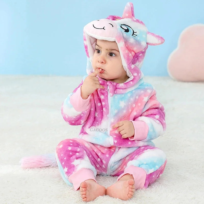 Jumpsuits: Cartoon Flannel Baby Rompers - Unicorn, Rabbit, Dinosaur