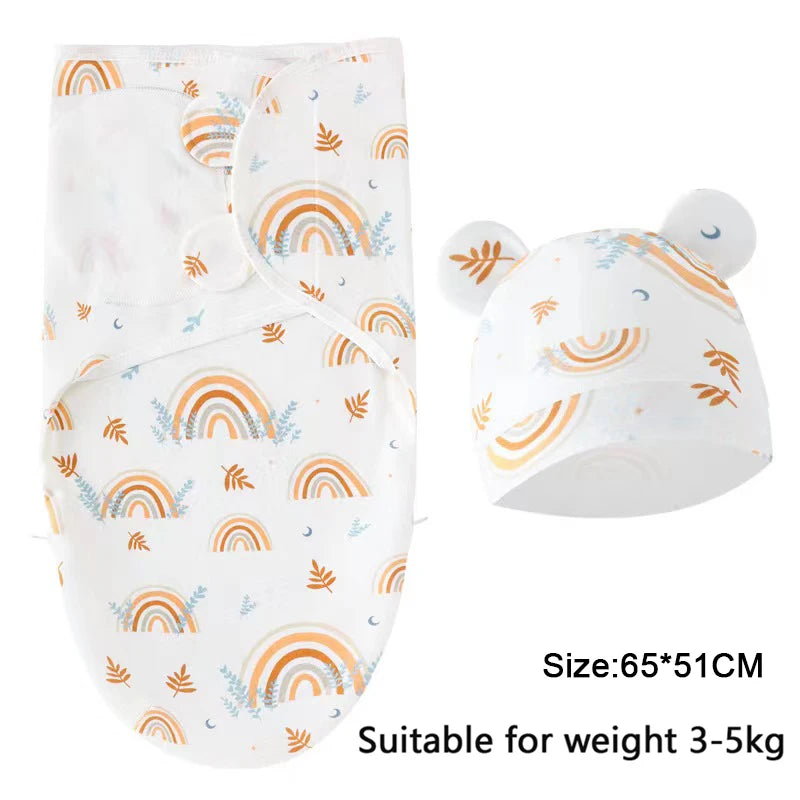 Newborn Swaddle Set: Cartoon Cotton Blanket & Hat 0-6M