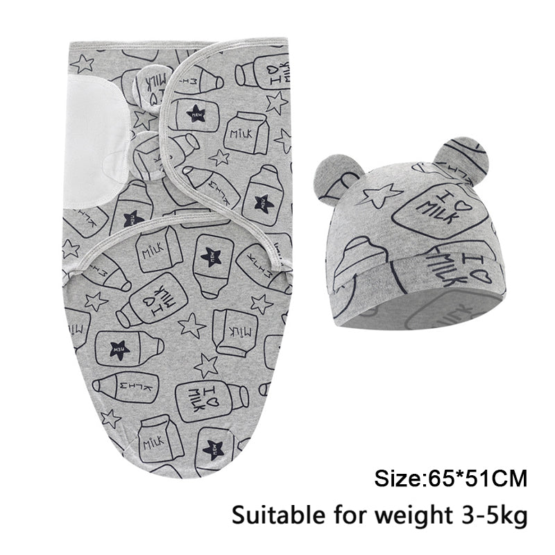 Newborn Swaddle Set: Cartoon Cotton Blanket & Hat 0-6M
