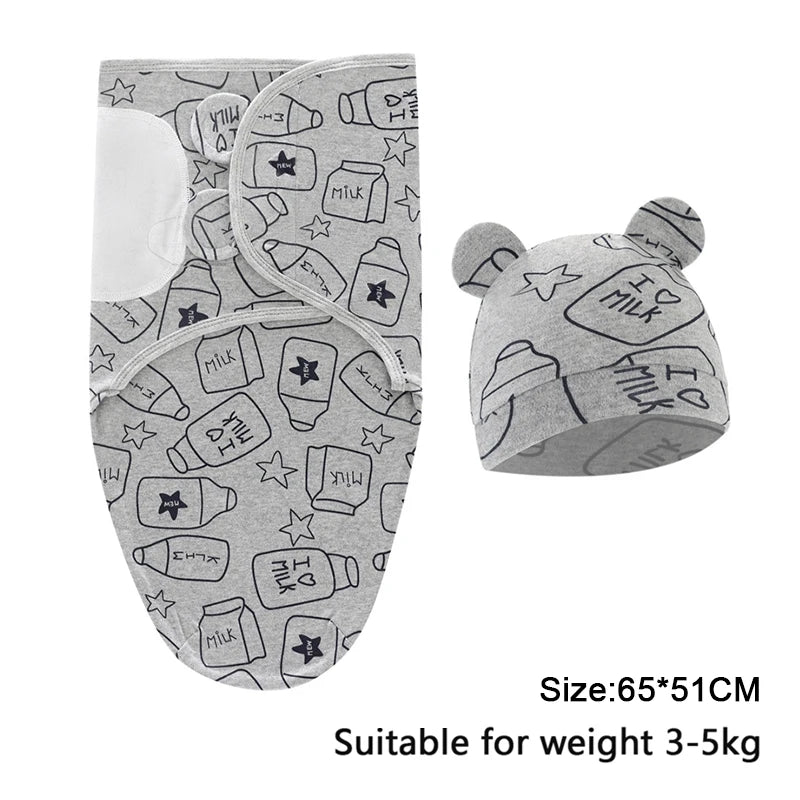 Newborn Swaddle Set: Cartoon Cotton Blanket & Hat 0-6M