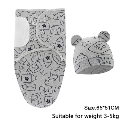 Newborn Swaddle Set: Cartoon Cotton Blanket & Hat 0-6M
