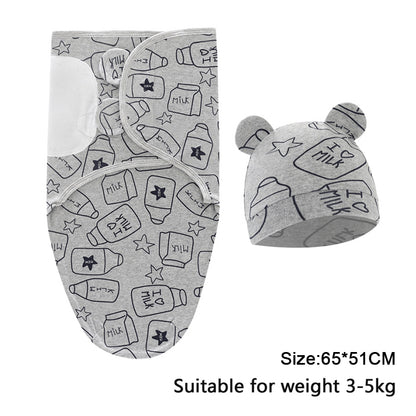 Newborn Swaddle Set: Cartoon Cotton Blanket & Hat 0-6M