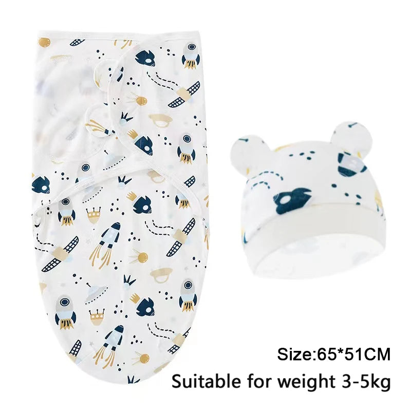Newborn Swaddle Set: Cartoon Cotton Blanket & Hat 0-6M