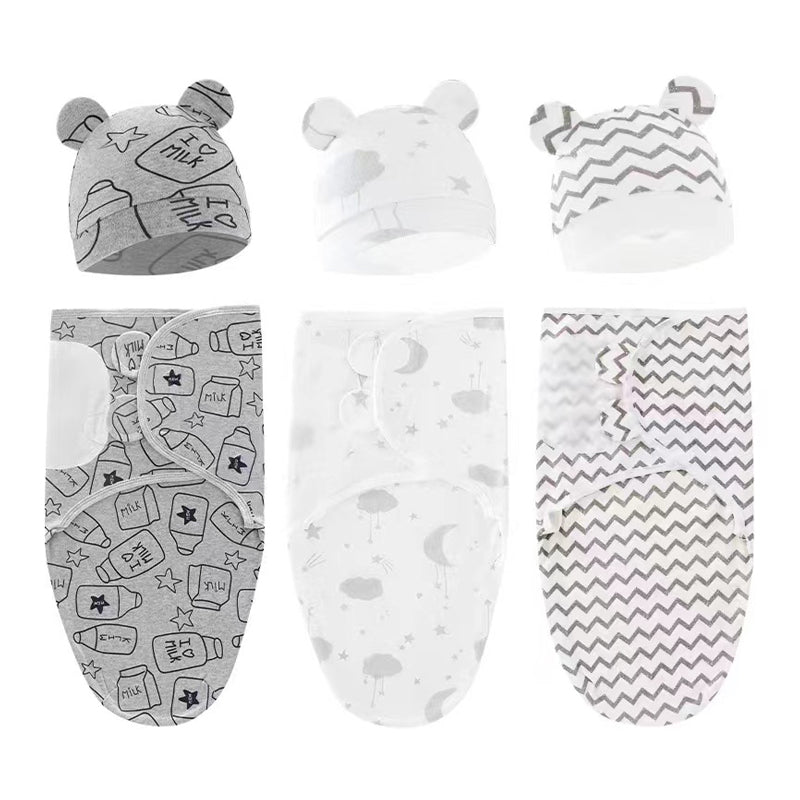 Newborn Swaddle Set: Cartoon Cotton Blanket & Hat 0-6M
